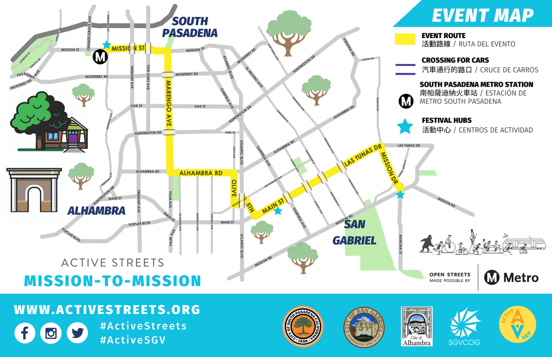A map of the event route for Active Streets: Mission-to-Mission presented by Metro and hosted by SGVCOG. 